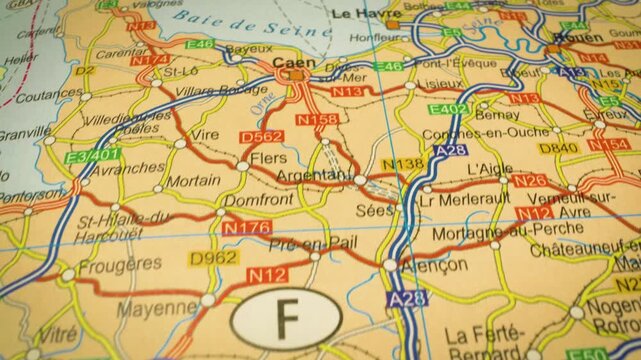 Gliding camera view following road network from Le Mans to Le Havre, France