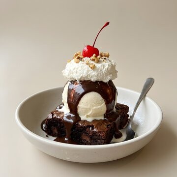 Decadent chocolate brownie sundae with vanilla ice cream chocolate sauce whipped cream and cherry photography