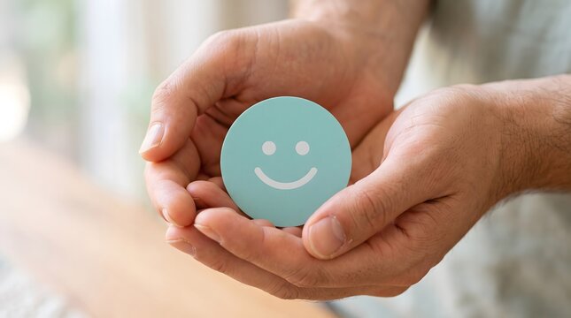 A close up view of a person holding a small green round token with a white happy smiley face icon representing customer service