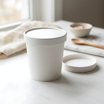 Ice cream takeaway cup with flat lid on clean white surface product photography