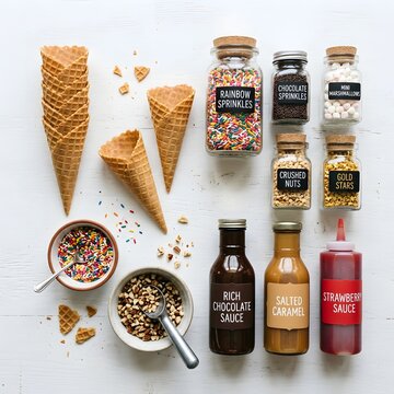 Ice cream toppings and waffle cones arranged on white background product photography