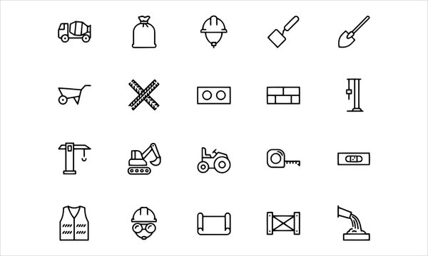 Set outline icons related to concrete. Linear icon collection. Editable stroke. Vector illustration