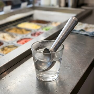 Metal ice cream scoop in glass of water on stainless steel counter ice cream shop photography