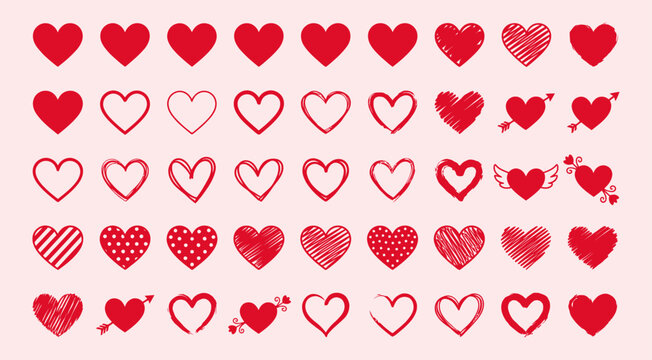 Red hearts collection with cupids arrow wings polka dots and grunge texture