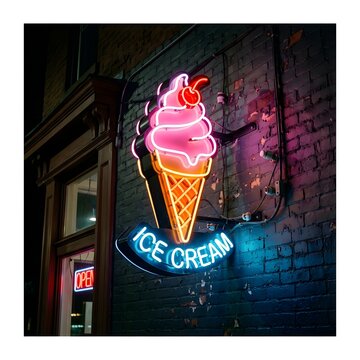 Neon ice cream cone sign glowing on brick wall night photography vintage shop lighting
