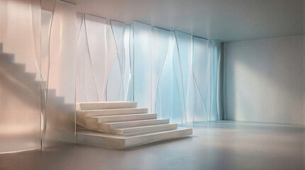 Naklejka premium Contemporary interior design featuring wavy frosted glass panels and smooth geometric stairs in a serene architectural space