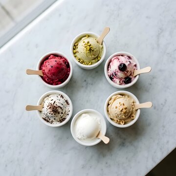 Six colorful ice cream scoops in white bowls with wooden spoons on marble surface product photography