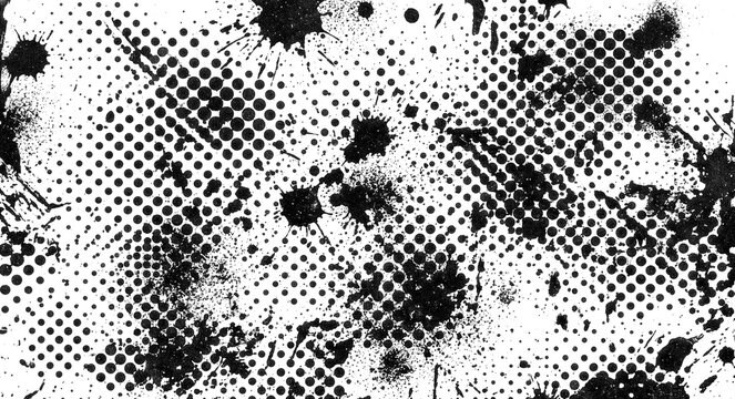 Black Ink Splatter Halftone Dot Grunge Texture, Abstract Comic Book Pop Art Background with Paint Splashes and Distressed Pattern