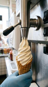 Soft serve vanilla ice cream swirl in waffle cone held by gloved hand from ice cream machine photography