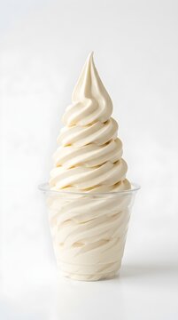 Soft serve vanilla ice cream swirled high in a clear cup on pure white background product photography