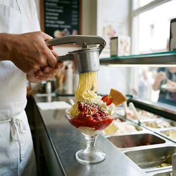 Spaghetti ice cream dessert pressed with strawberry sauce and waffle in cafe photography