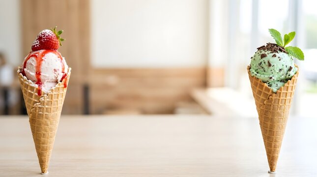 Strawberry and mint chocolate chip ice cream cones on wooden table product photography