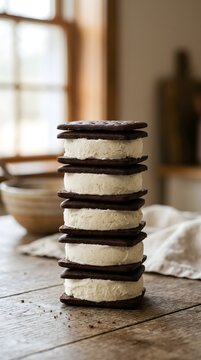 Stacked vanilla ice cream sandwiches between chocolate cookies on rustic wooden table with natural lighting product photography