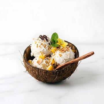 Tropical ice cream served in a coconut shell with mango almond and chocolate toppings photography