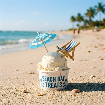 Vanilla ice cream in a paper cup with beach chair and umbrella on sandy beach photography