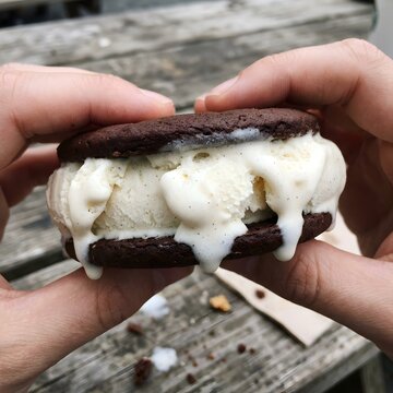 Vanilla ice cream sandwich held between hands with chocolate cookies and creamy filling photography