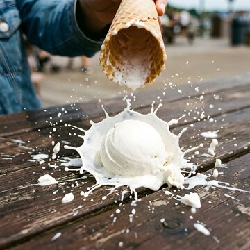 Vanilla ice cream scoop falling from waffle cone splash action photography on wooden table