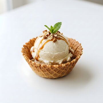 Vanilla ice cream scoop in a waffle bowl with caramel drizzle and nuts on white background studio photography