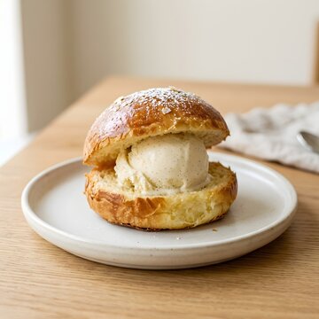 Vanilla ice cream scoop in brioche bun dusted with powdered sugar on wooden table food photography