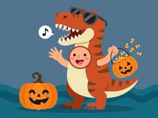 Child in T-Rex Dinosaur Costume with Halloween Pumpkin and Candy © aul
