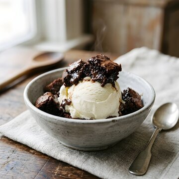 Warm chocolate brownie served with vanilla ice cream in a rustic bowl photography