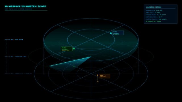 Futuristic 3D Airspace Volumetric Scope Interface Display for Aviation Surveillance and Monitoring
