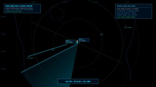 Futuristic Air Traffic Control Radar Interface Monitoring Commercial Flight Paths Across The Ocean