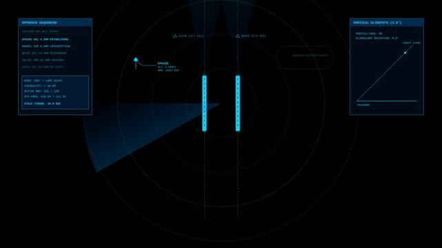 Futuristic Digital Flight Radar Interface Displaying Aircraft Approach and Navigation Data HUD