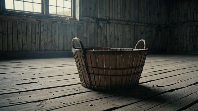 Woven wooden basket with handles sitting on floor in empty rustic attic