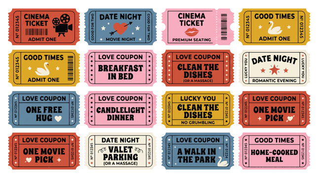 Retro Love Coupons and Romantic Date Night Tickets Bundle: Vintage Vector Illustration Featuring Cinema Ticket, Breakfast in Bed, Candlelight Dinner, Free Hug, Clean Dishes, and Home-Cooked Meal Coupo