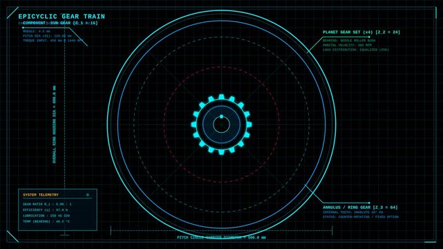 Futuristic Epicyclic Gear Train Mechanical Engineering Blueprint Interface Display Motion Graphics