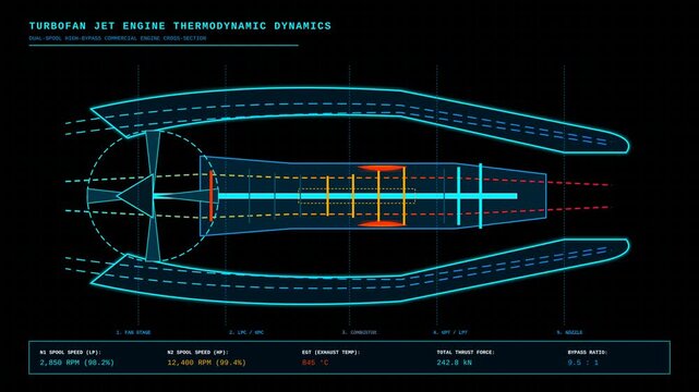 Futuristic Turbofan Jet Engine Schematic Animation Showing Thermodynamic Performance Data Metrics