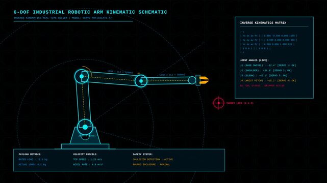 Industrial Robotic Arm Kinematic Schematic Motion Graphic with Inverse Kinematics Data HUD Overlay