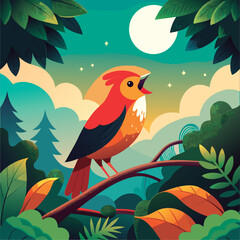 Naklejka premium Singing bird in a vibrant forest scene.