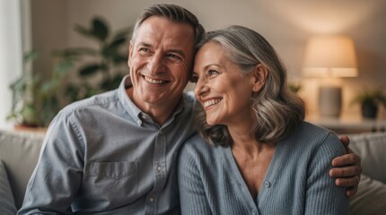 Fototapeta premium Smiling middle-aged couple embraces lovingly while sitting indoors in a cozy, warmly lit room.