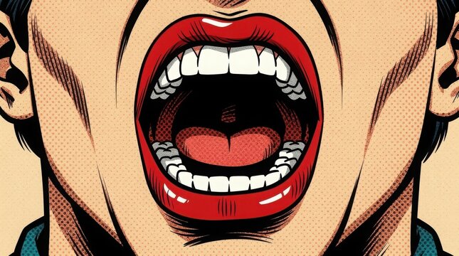 Close-up pop art illustration of a wide-open mouth with red lips and visible teeth, showing an expressive, shouting or singing emotion.