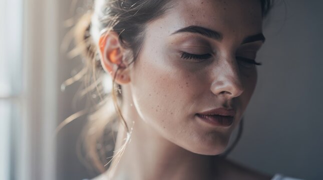 A close-up of a woman with closed eyes, soft natural light highlighting her serene expression and delicate features.