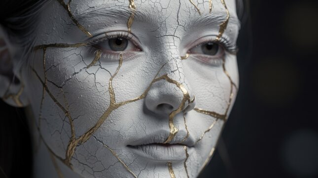 A close-up of a face painted with white cracked paint and golden lines, resembling the Japanese art of Kintsugi.