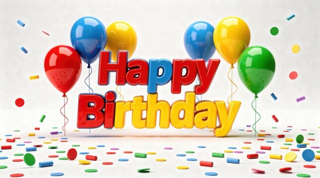 Colorful "Happy Birthday" text with red, blue, yellow, and green balloons and confetti on a light background.