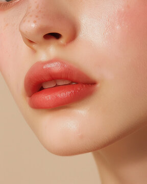 Soft matte pink lips with dewy freckled skin and natural makeup, intimate beauty expression