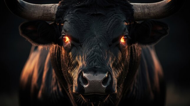 Close-up of a black bull with glowing fiery eyes and prominent horns against a dark background, evoking strength and intensity.