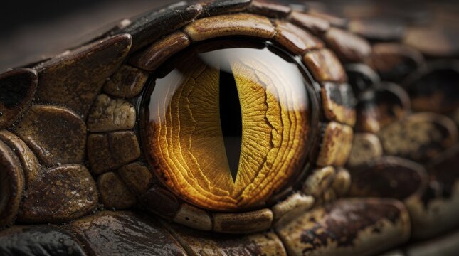 Close-up of a reptile's eye showing detailed scales, textured skin, and a striking vertical slit pupil.