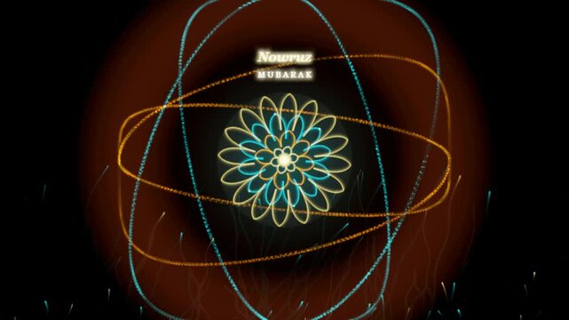 Nowruz mubarak text with glowing circular floral mandala and abstract rings on a dark background for persian new year celebration 4K Motion Video