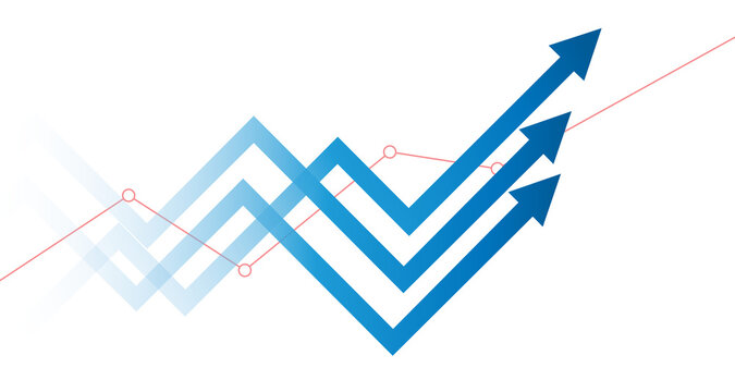 Triple blue gradient arrow chart climbing upwards represents continuous financial growth.