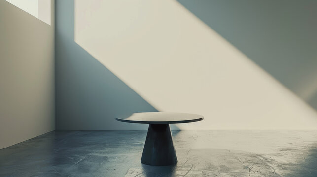 Round modern pedestal table in empty minimalist room with dramatic sunlight and concrete floor, serene lighting and soft shadow