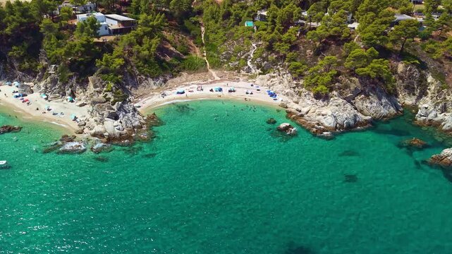 Aerial View of Fava Beach and Rocky Coastline, Sithonia, Greece