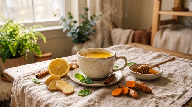 Warm Herbal Wellness Tea with Ginger Lemon Honey and Turmeric for Natural Daily Care