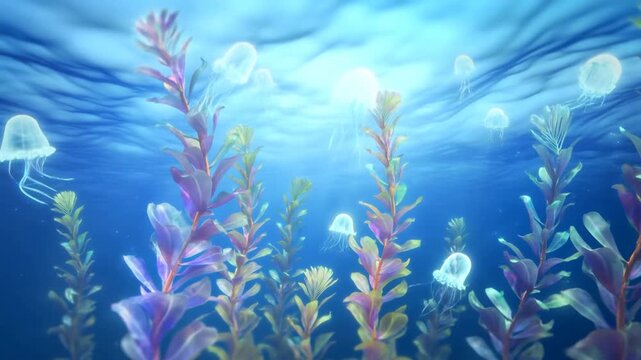 Slow tracking shot of jellyfish drifting through kelp forest underwater near sunlit surface