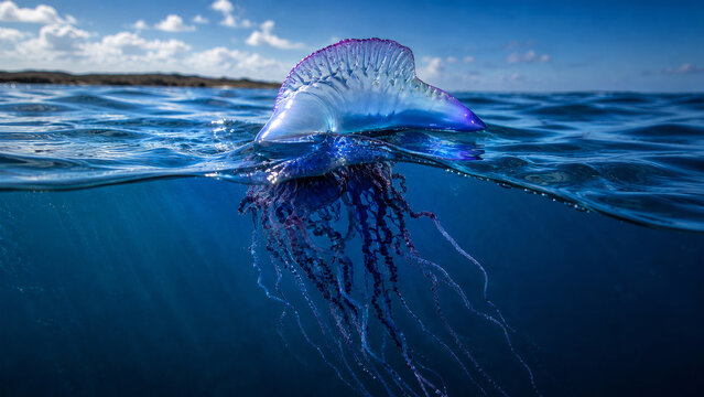 A split-level underwater and surface photograph capturing a Portuguese man o' war (Physalia physalis) floating on the clear blue Atlantic Ocean