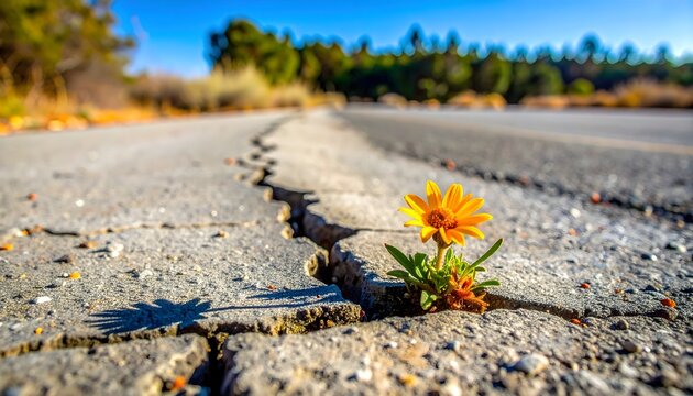 A single yellow flower growing through a crack in the asphalt road.
